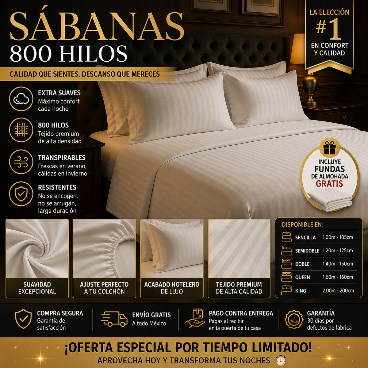 Juego de Sábanas Imperial 800 de Algodón + 4 Fundas