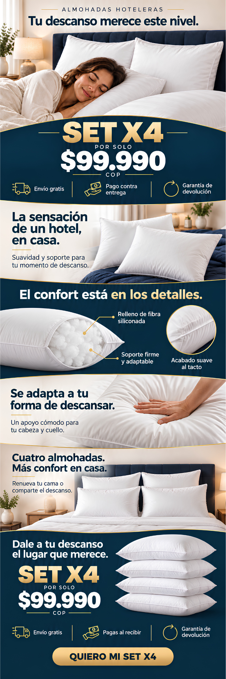 Set x4 almohadas hoteleras premium: relleno de fibra siliconada, soporte firme y envío gratis con pago contra entrega
